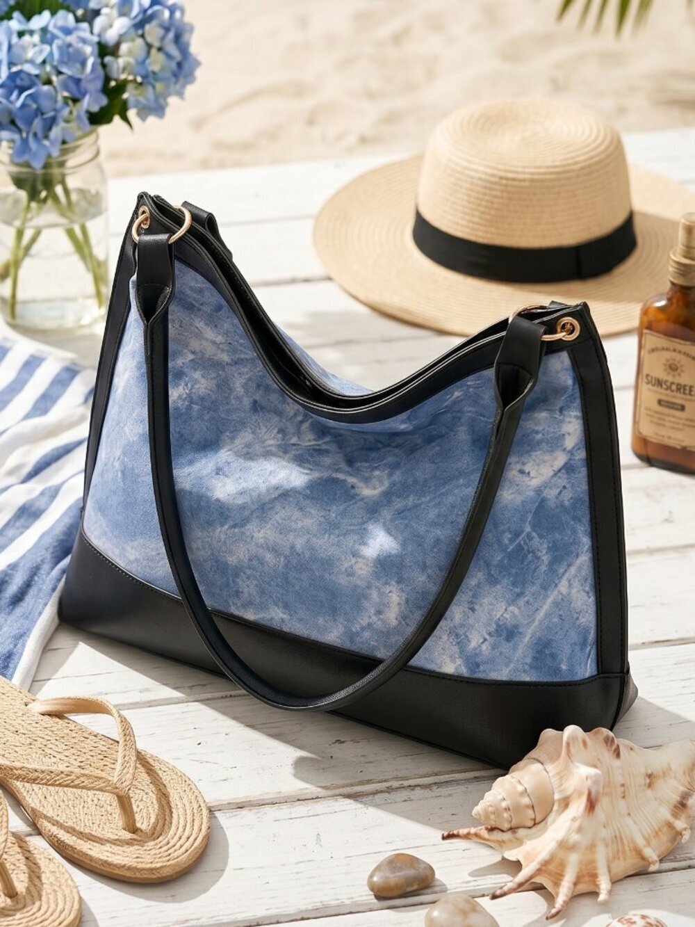 Denim Wash Vegan Leather Hobo Shoulder Bag Blue Black Boho Gold Hardware 13"